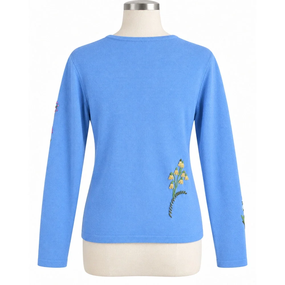 The Quacker Factory Women S Blue Floral Embroidered Long Sleeve Knit Sweater
